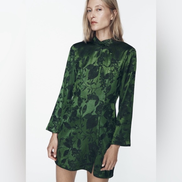 ZARA 🌿 Green Jacquard Mini Dress | Long Sleeve Cocktail Party Dress | NWT Size M - Picture 1 of 8